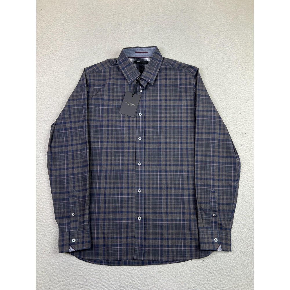 Ted Baker Shirt Mens Large Brown Plaid 100% Cotton Long Sleeve Button Up Casual